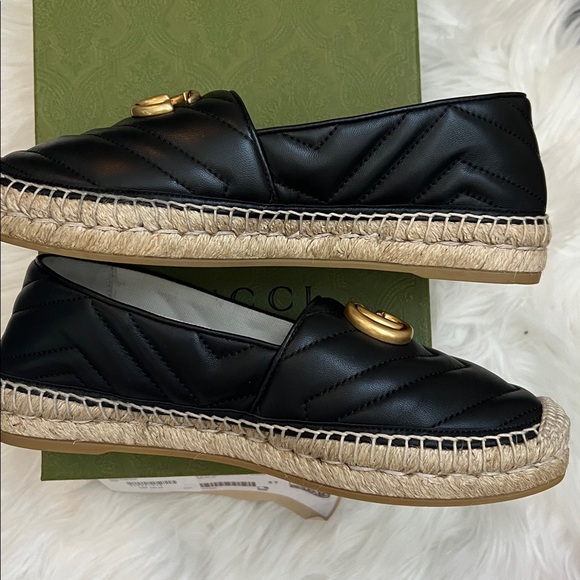 💯% Auth Gucci Women's GG Marmont Leather Espadrille Flat Black 37 - Picture 5 of 10
